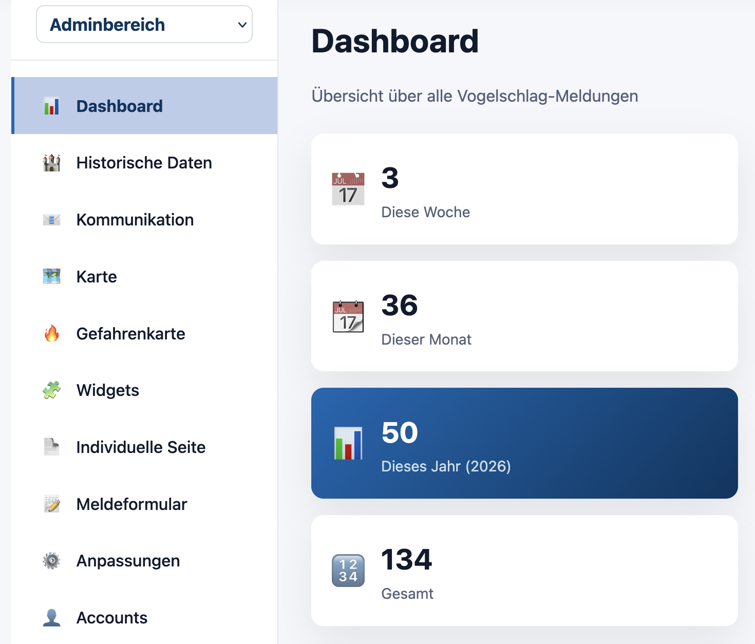 Adminoberfläche des Vogelschlagmelders