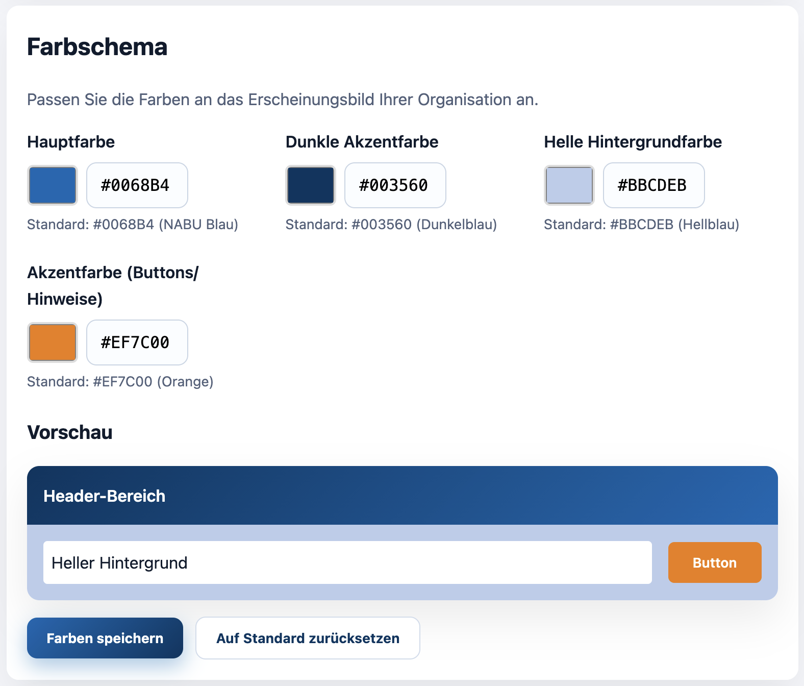 Einstellungen des Farbschemas in der Adminoberfläche