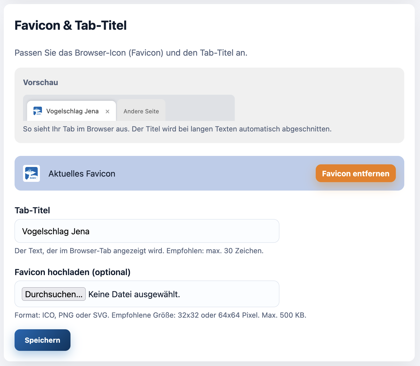 Einstellungen von Favicon und Tab-Titel in der Adminoberfläche