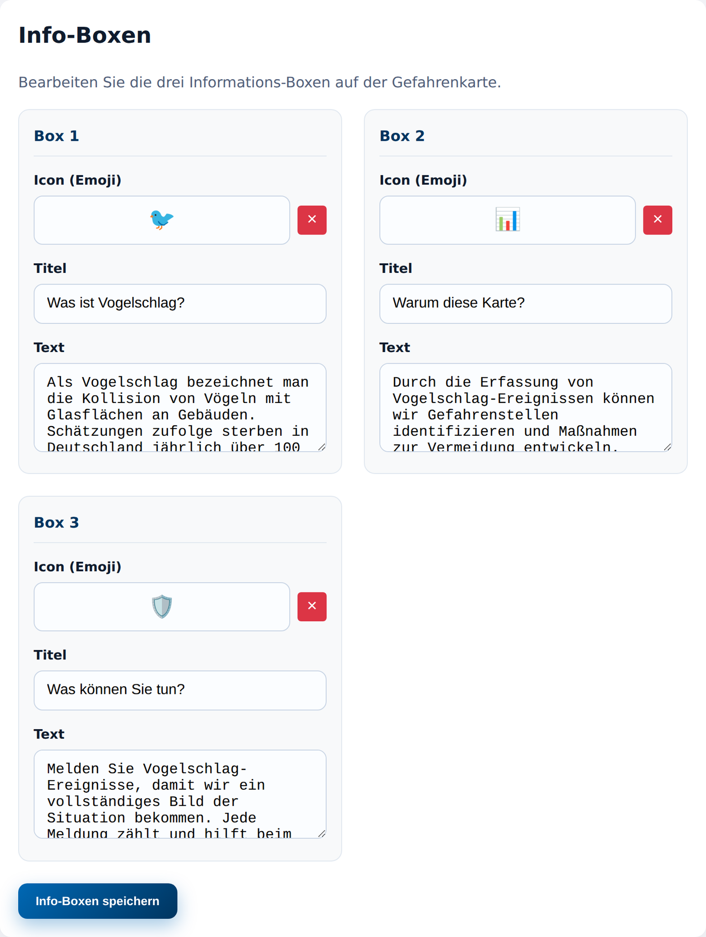 Drei Info-Boxen mit Icon, Titel und Text