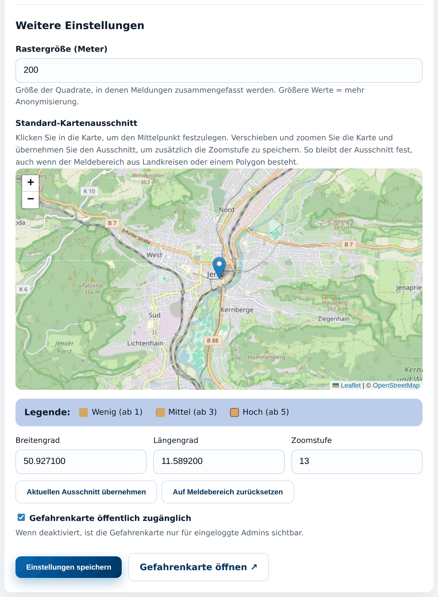 Rastergröße, Vorschaukarte, Koordinaten und Zoomstufe