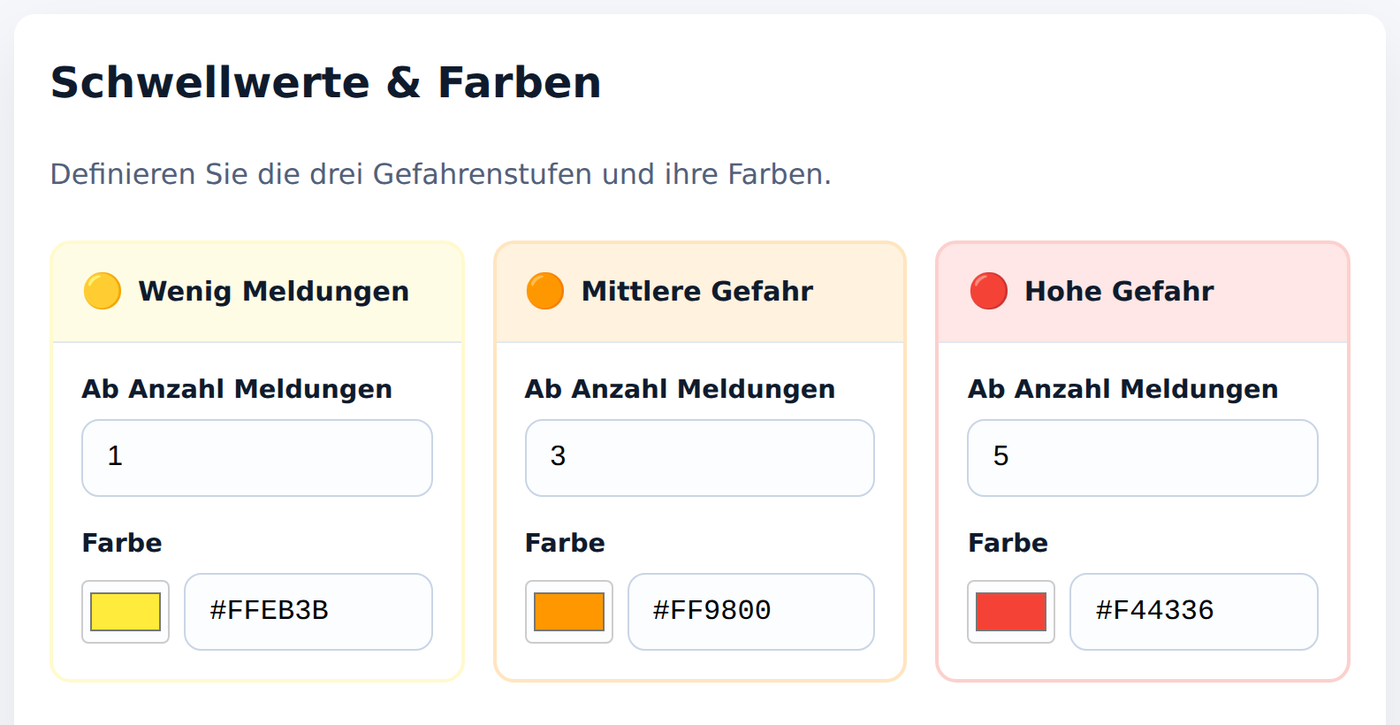 Einstellung der drei Gefahrenstufen mit Schwellwert und Farbe
