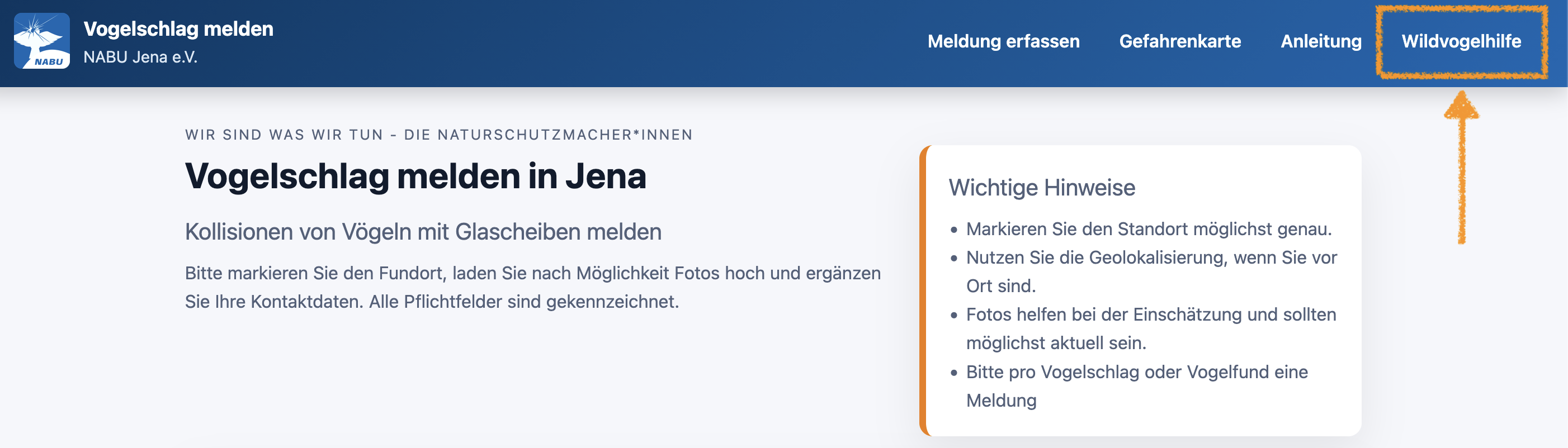 Beispiel von Header-Buttons auf der Startseite