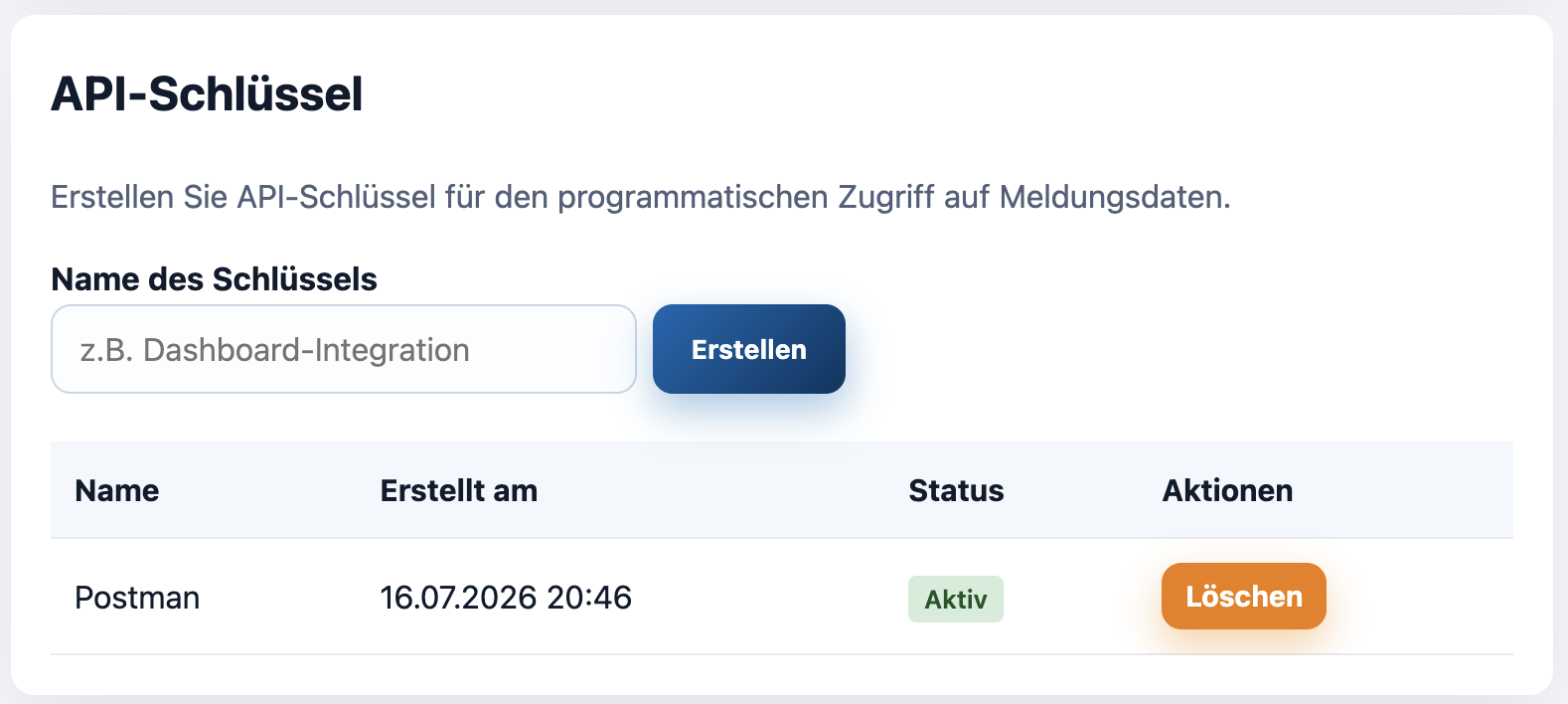 Einstellungen des API-Keys in der Adminoberfläche