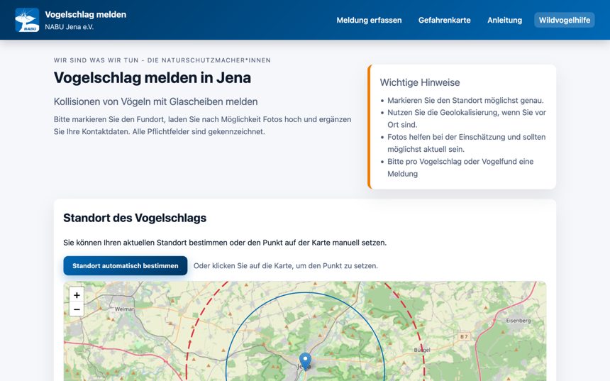 Startseite mit Überschrift, Hinweisbox und Karte zur Standortwahl
