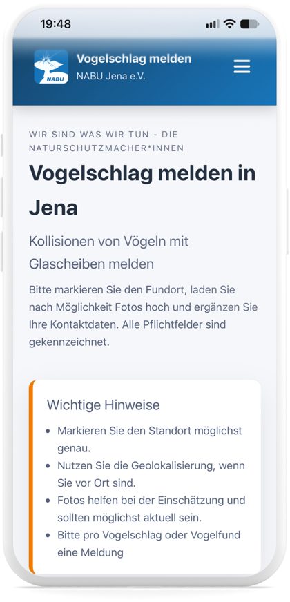 Startseite des Vogelschlagmelders auf dem Smartphone