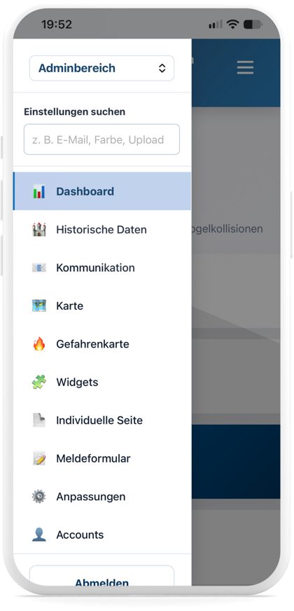 Menü des Adminbereichs auf dem Smartphone