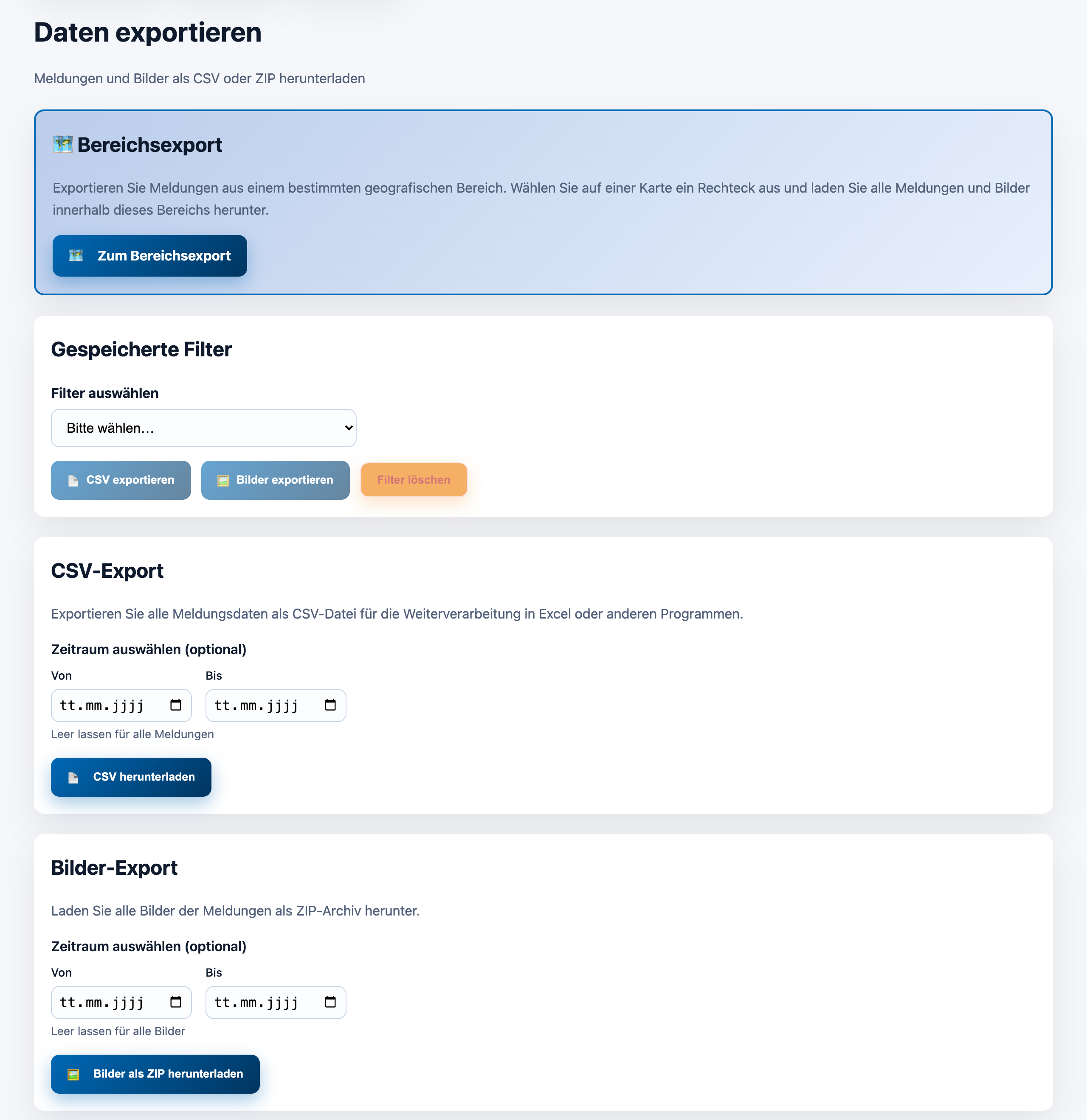 Exportseite mit Bereichsexport, gespeicherten Filtern, CSV- und Bilder-Export