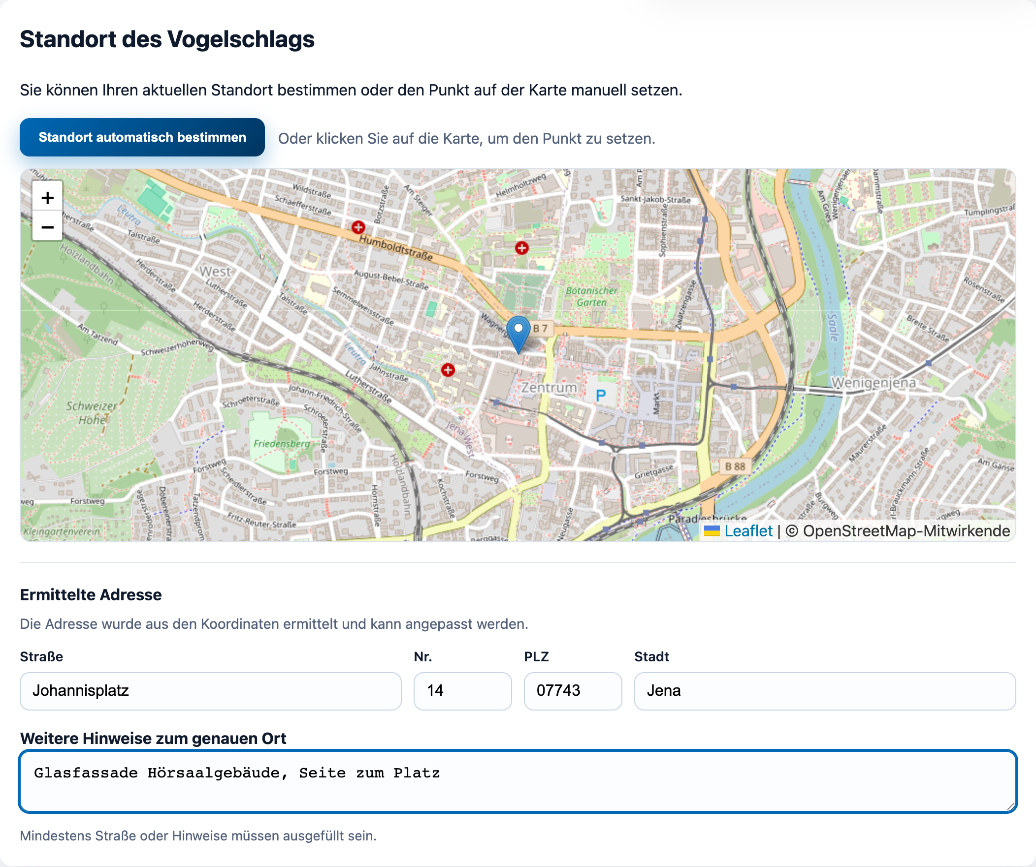 Abschnitt „Standort des Vogelschlags“ mit Karte und ermittelter Adresse